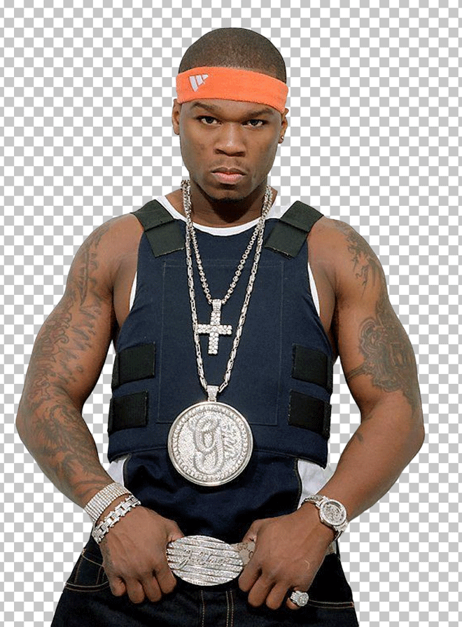 50 Cent is standing and wearing an orange headband.