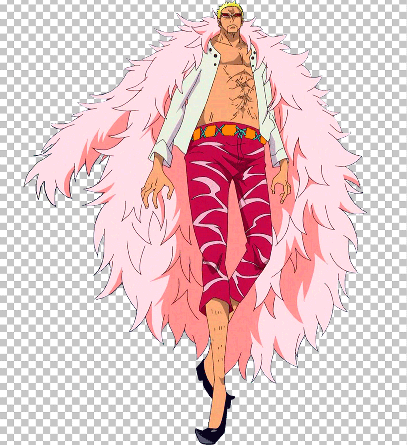 Doflamingo is standing in a pink fur coat and pink pants.