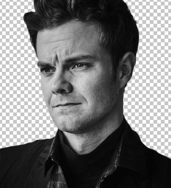 Black and white photograph of Jack Quaid side looks PNG image