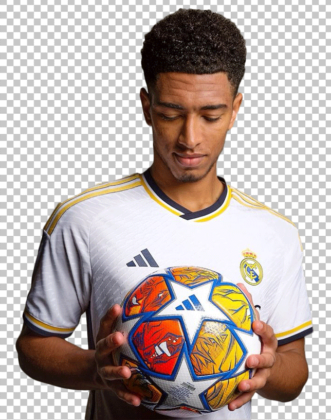 Jude Bellingham holding a UEFA champions league football PNG Image