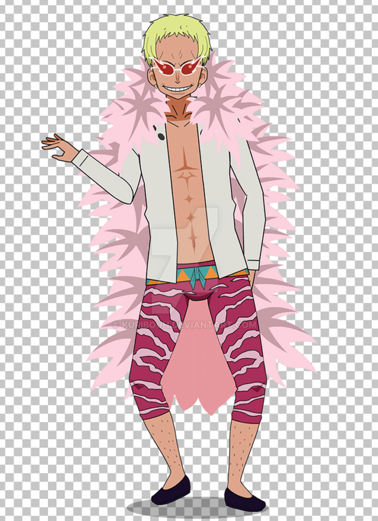 Kid Donquixote Doflamingo is wearing a pink fur jacket and pants, with a white shirt PNG Image