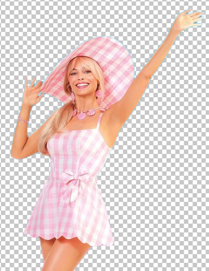 Margot Robbie was waving and wearing a pink and white checkered dress with a large hat on her head.