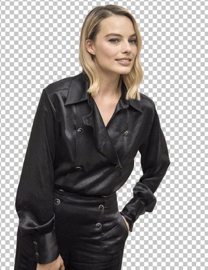 Margot Robbie wearing a black leather jacket PNG Image