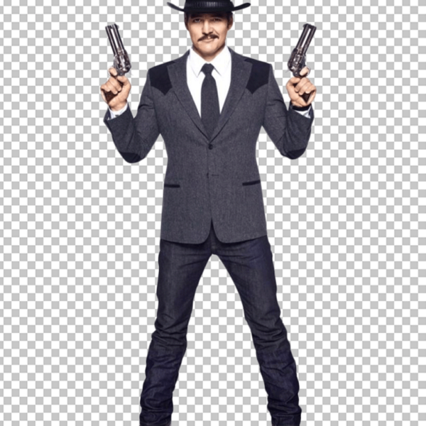 Pedro Pascal in a suit and tie, holding two revolvers.