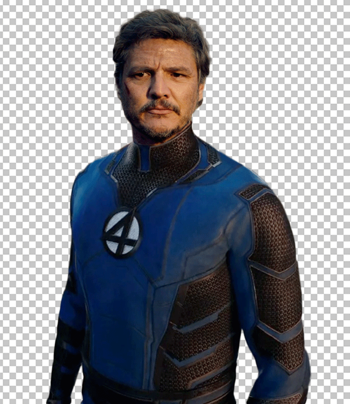 Reed Richards is wearing a blue and black superhero costume.