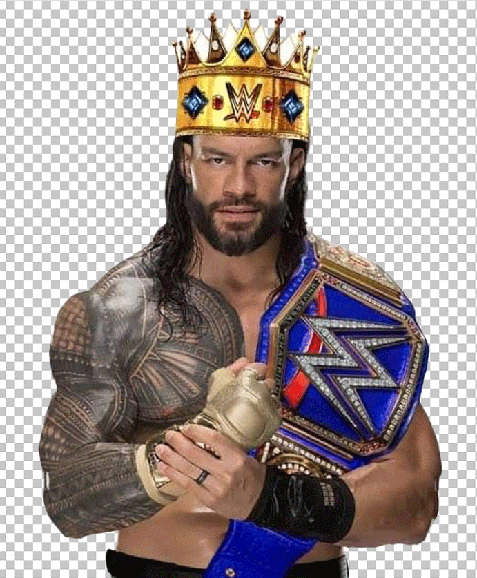 Roman Reigns wearing a crown and holding WWE championship belts.
