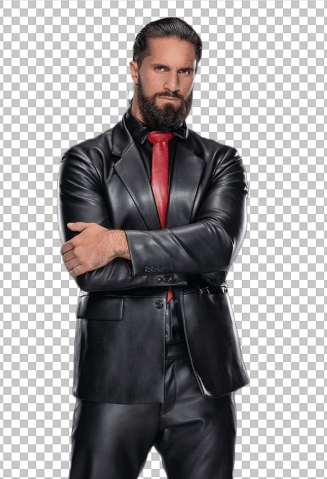 Seth Rollins is staring and folding his hand.
