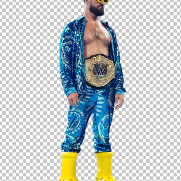 Seth Rollins is wearing yellow glasses, a blue and yellow jumpsuit, a belt around his waist, and a pair of yellow boots.