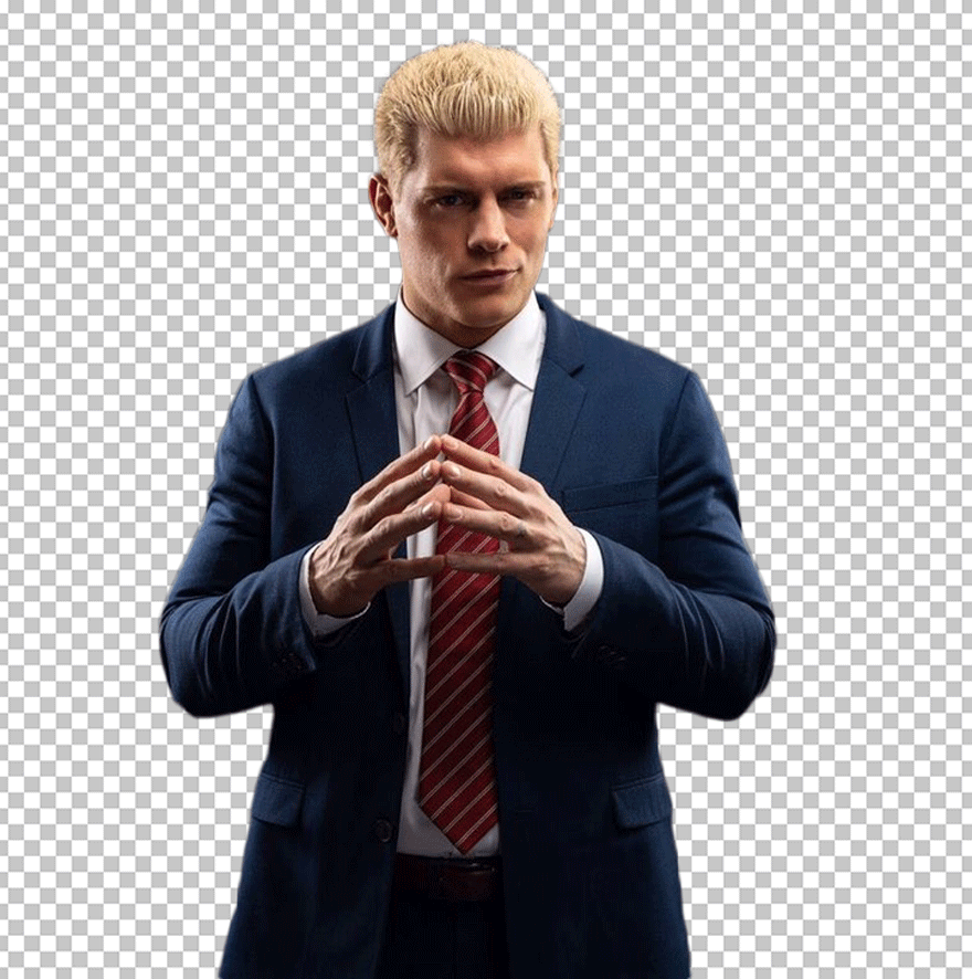 Cody Rhodes is standing in blue suit PNG Image