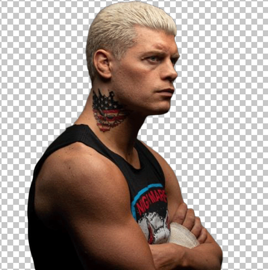 Cody Rhodes side looks with white hair and a tattoo on his chest.