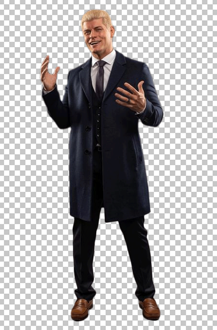 Cody Rhodes is standing in a black suit and tie.