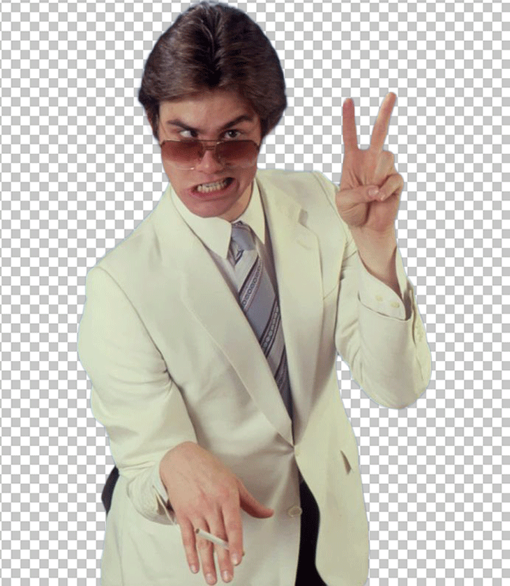 Jim Carrey in a white suit and sunglasses, making a peace sign with his hand.