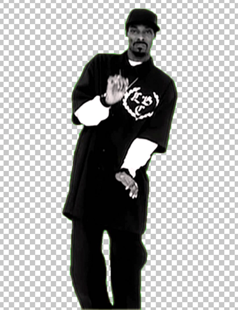 Black and white photograph of a Snoop Dogg iconic dance PNG Image