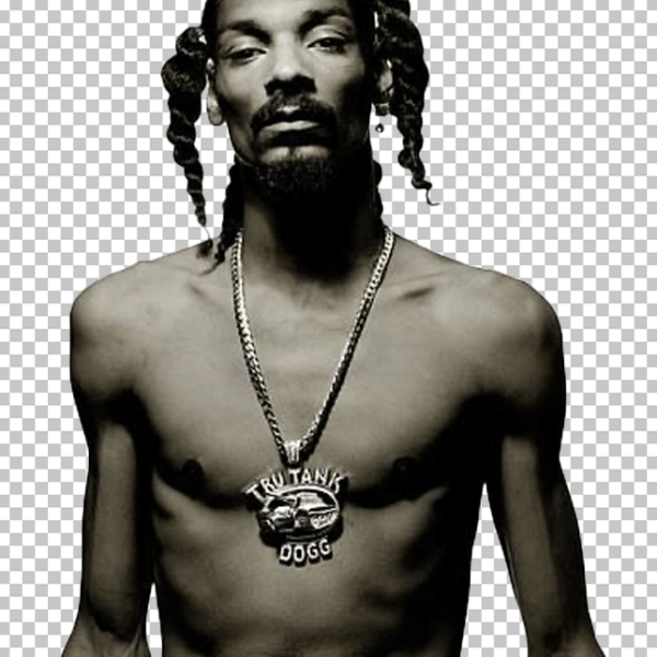 Black and white photograph of a Snoop Dogg shirtless with dreadlocks and a chain around his neck.