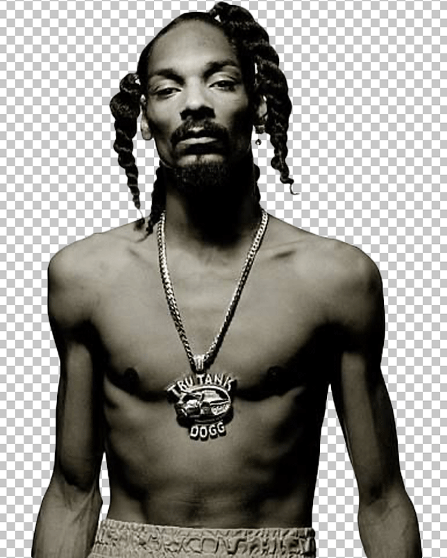 Black and white photograph of a Snoop Dogg shirtless with dreadlocks and a chain around his neck.