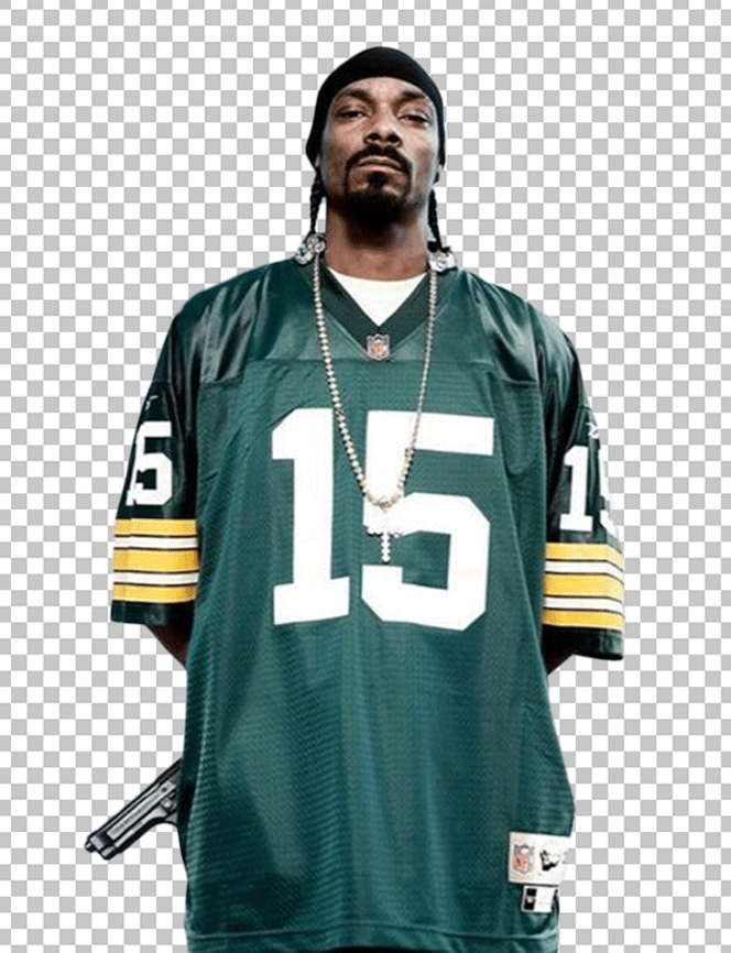 Snoop Dogg standing with a handgun PNG image in a green jersey with the number 15.