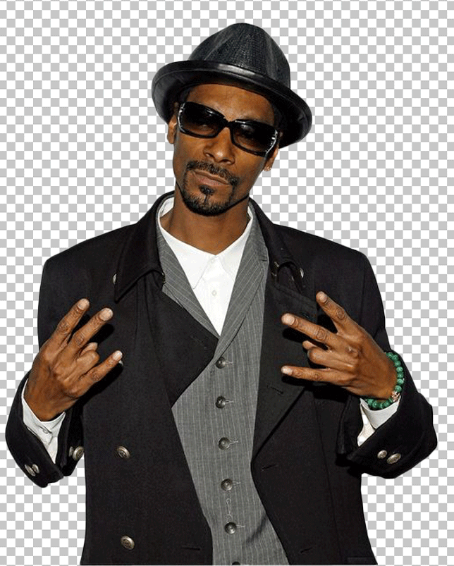 Snoop Dogg is wearing a black suit, a black hat, and sunglasses.