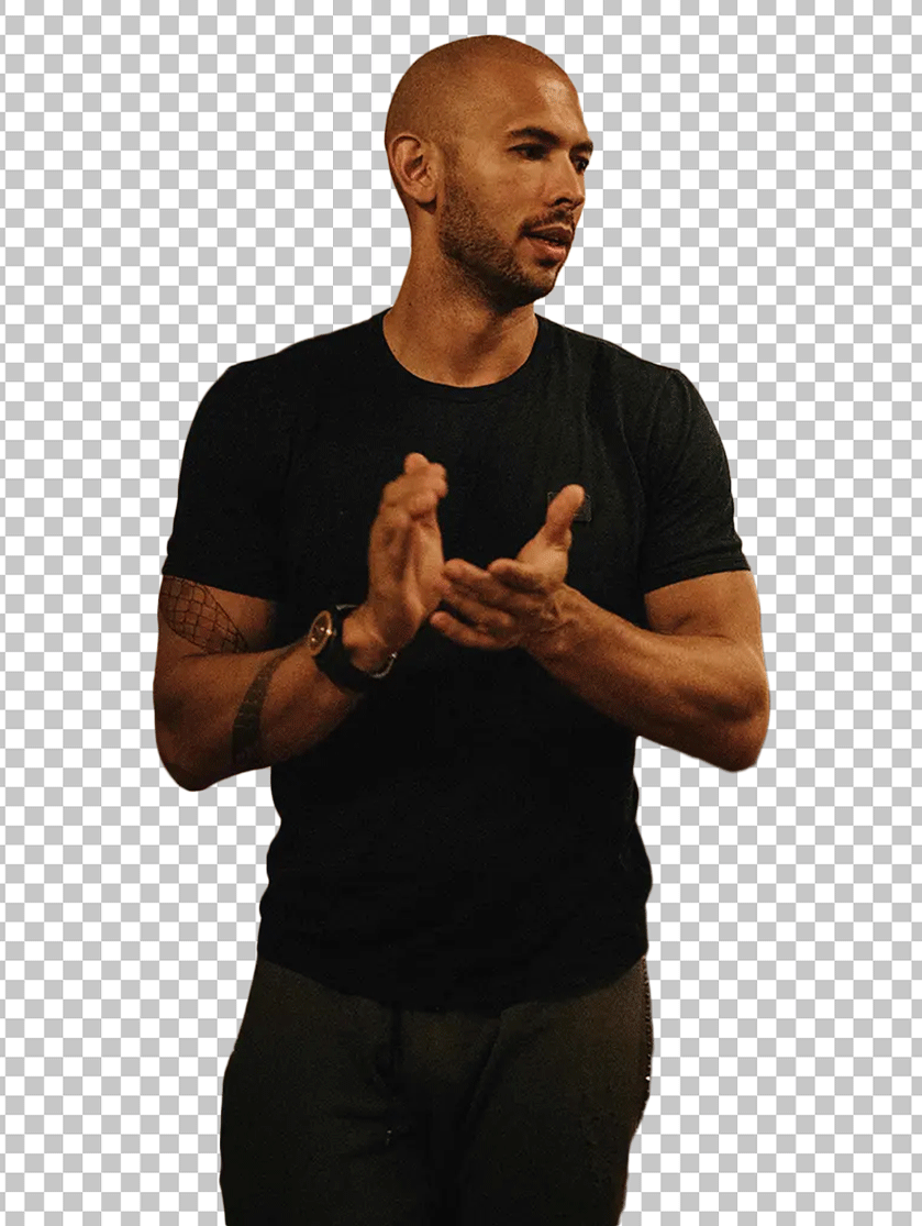 Andrew Tate is wearing a black t-shirt and clapping PNG Image