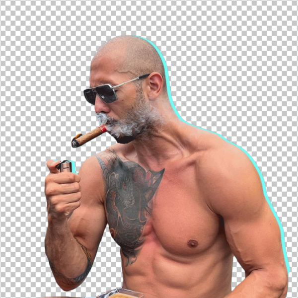 A shirtless, muscular Andrew Tate with tattoos is lighting a cigar.
