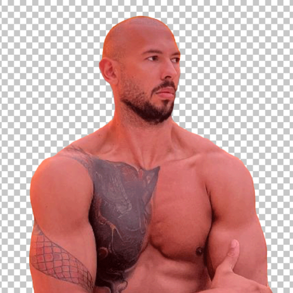 Andrew Tate shirtless with tattoos looking to the side PNG Image.