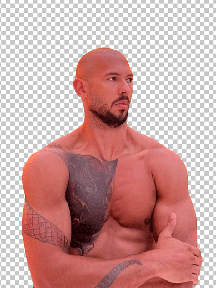 Andrew Tate shirtless with tattoos looking to the side PNG Image.