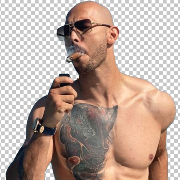 Andrew Tate, a bald man with sunglasses, lighting a cigarette and showcasing a large chest tattoo.