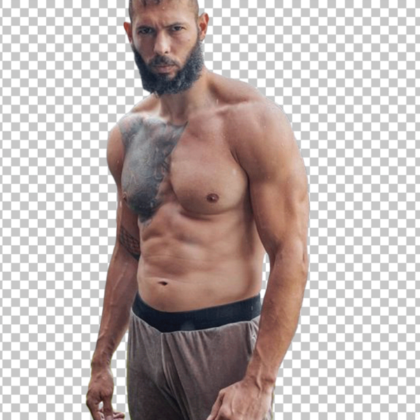 Andrew Tate is standing with shirtless and staring with a beard PNG Image