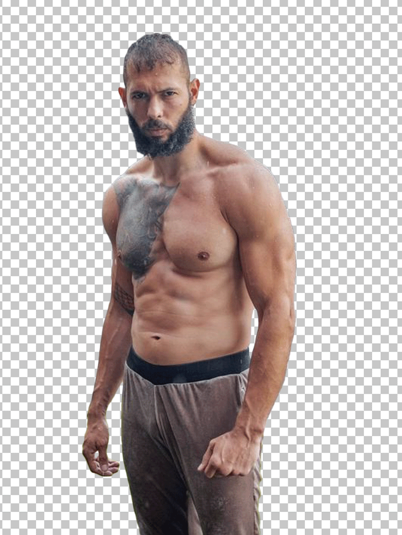 Andrew Tate is standing with shirtless and staring with a beard PNG Image