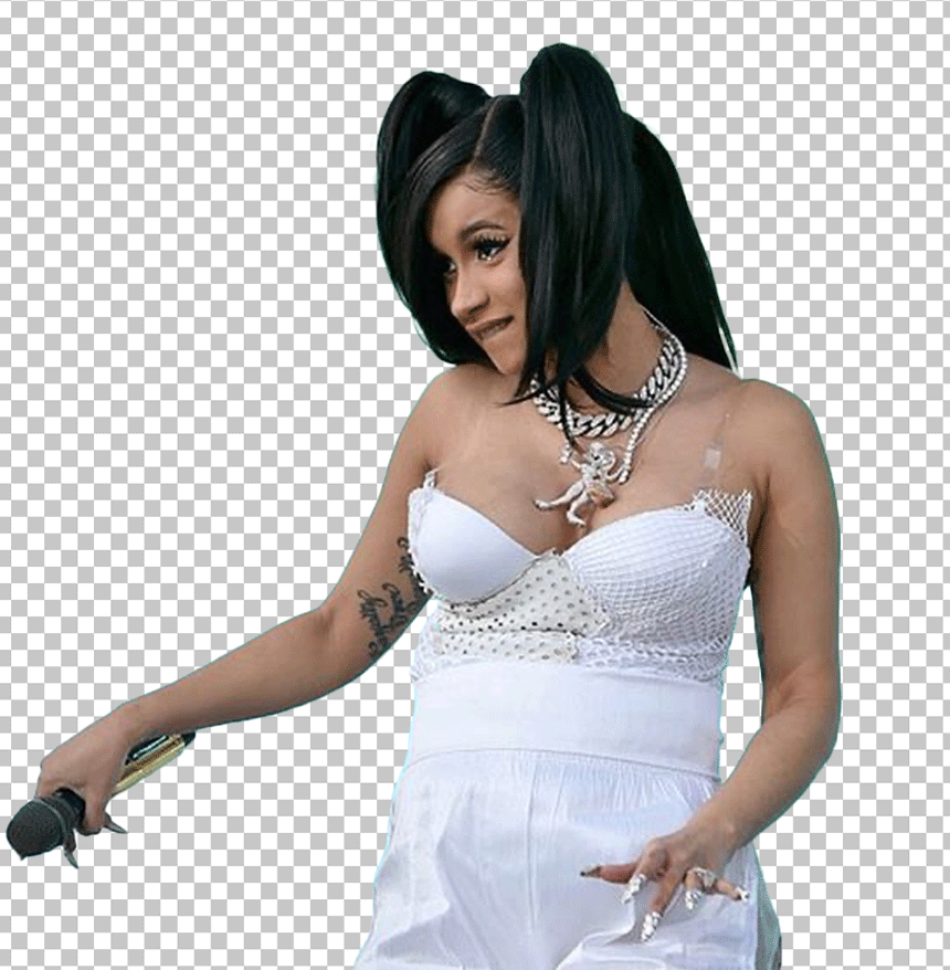 Cardi B is wearing a white dress and holding a microphone PNG Image