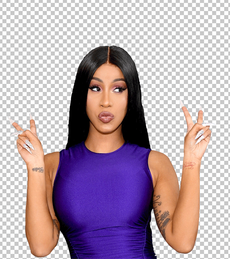 Cardi B in a purple dress with her hands raised in a peace sign.