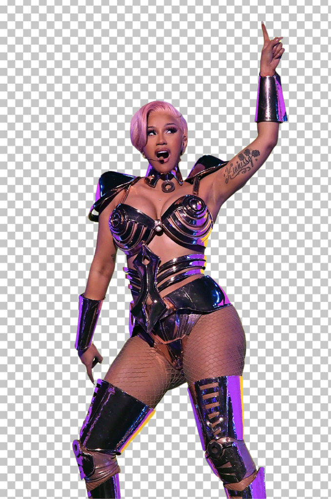 Cardi B is wearing a metallic outfit with pink hair and pointing up PNG Image