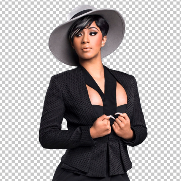 Cardi B is wearing a black suit and a white hat.