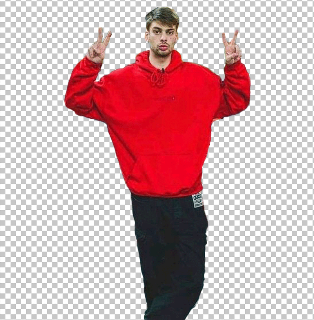 Chandler Hallow is wearing a red hoodie and black pants and peace sign PNG Image
