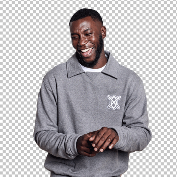 Harry Pinero is wearing a grey sweatshirt and laughing PNG Image