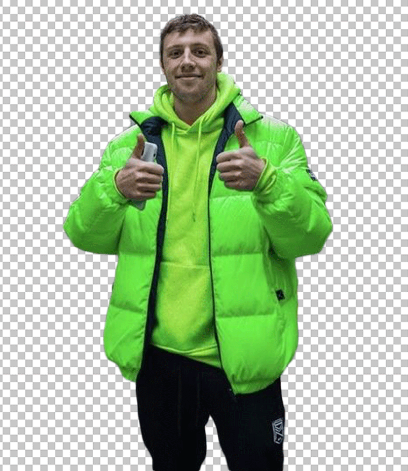 Harry Lewis is wearing green jacket with a hood and giving thumbs up PNG Image