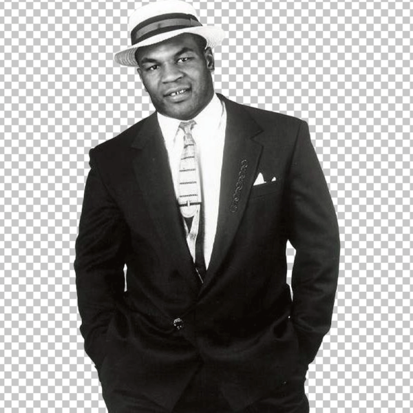 Black and white image of Mike Tyson wearing a hat.