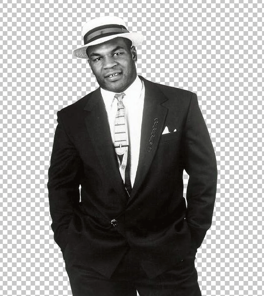 Black and white image of Mike Tyson wearing a hat.