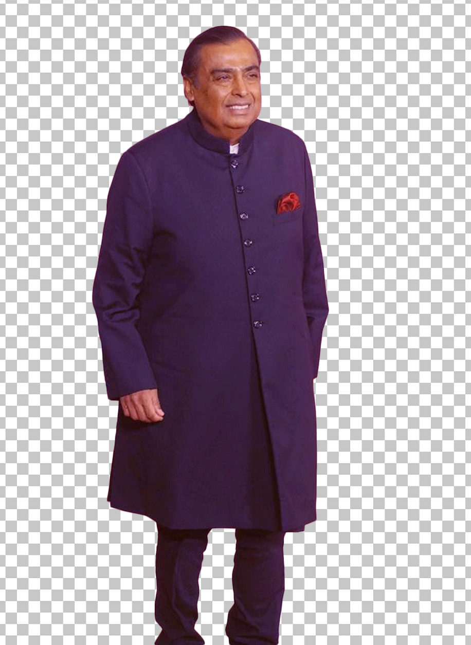 Mukesh Ambani is standing and wearing a blue kurta.
