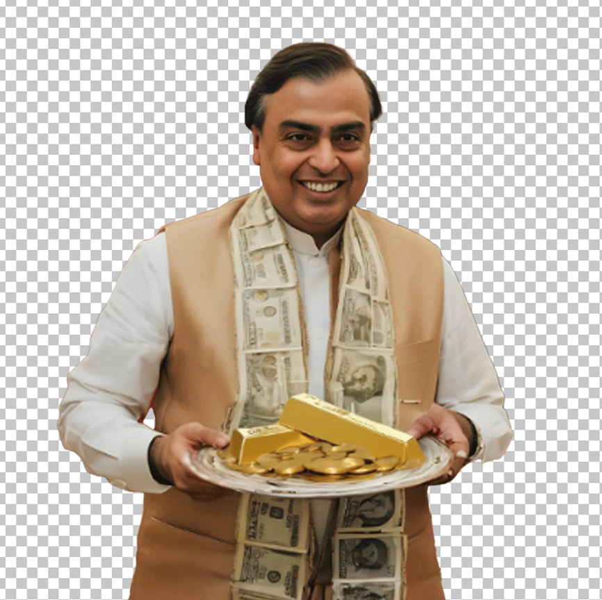 Mukesh Ambani is holding a tray with gold coins and a bar.