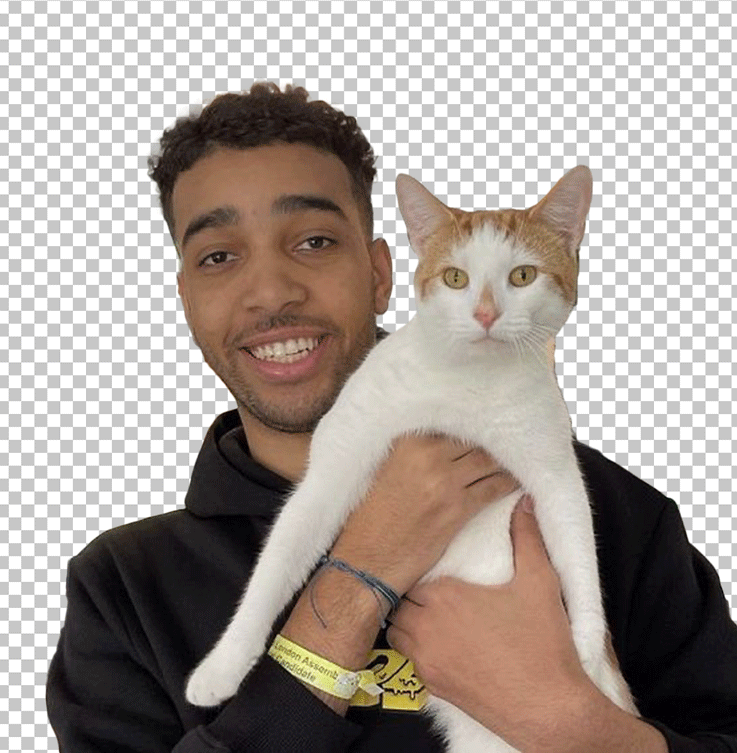 Niko Omilana is holding a white and orange cat.