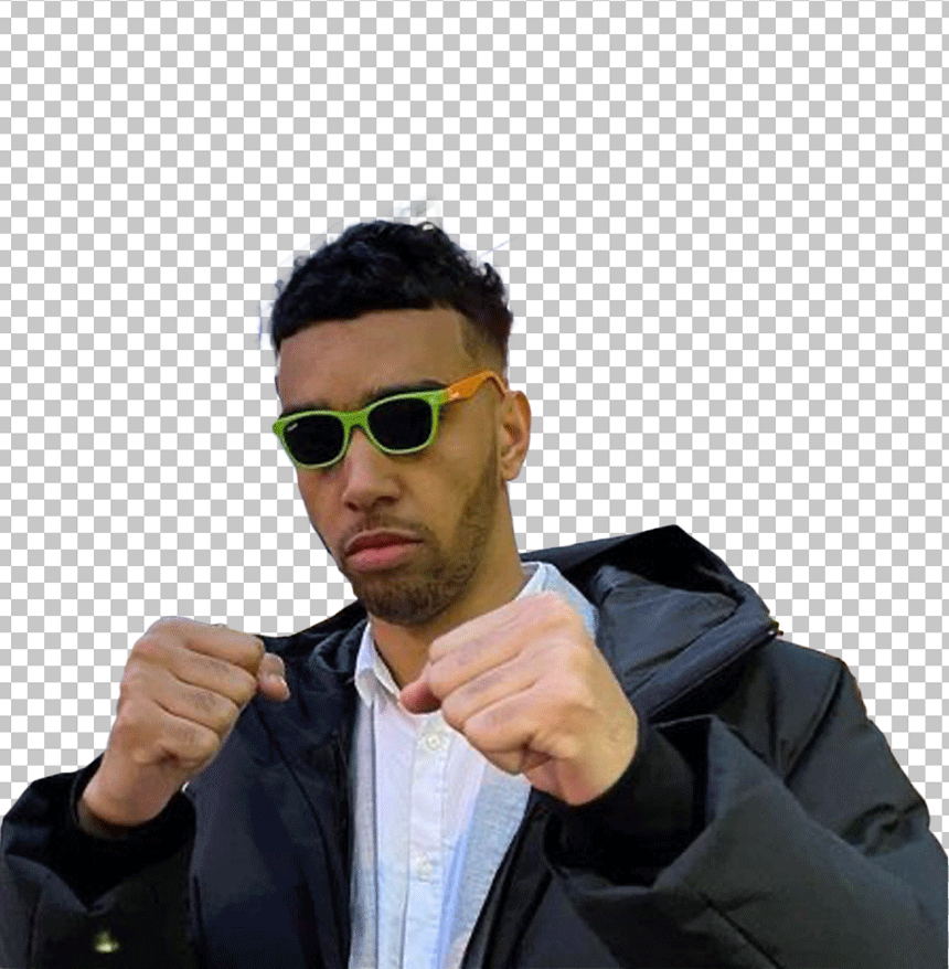 Niko Omilana is wearing sunglasses, and a black jacket, with his fists raised in a fighting stance.