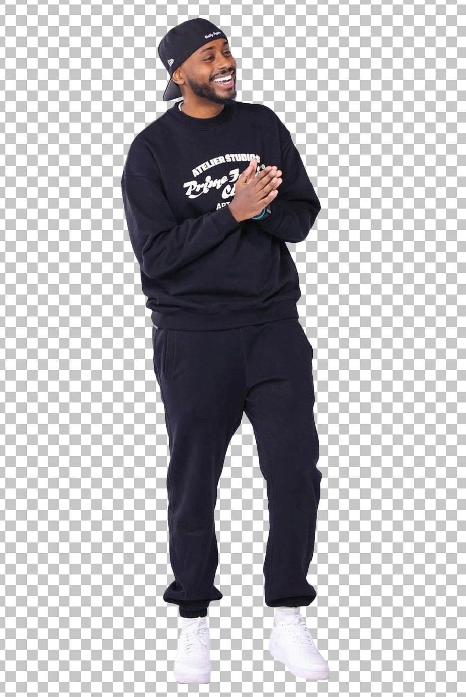 Sharky is wearing a black sweatshirt, white sneakers and happy PNG Image