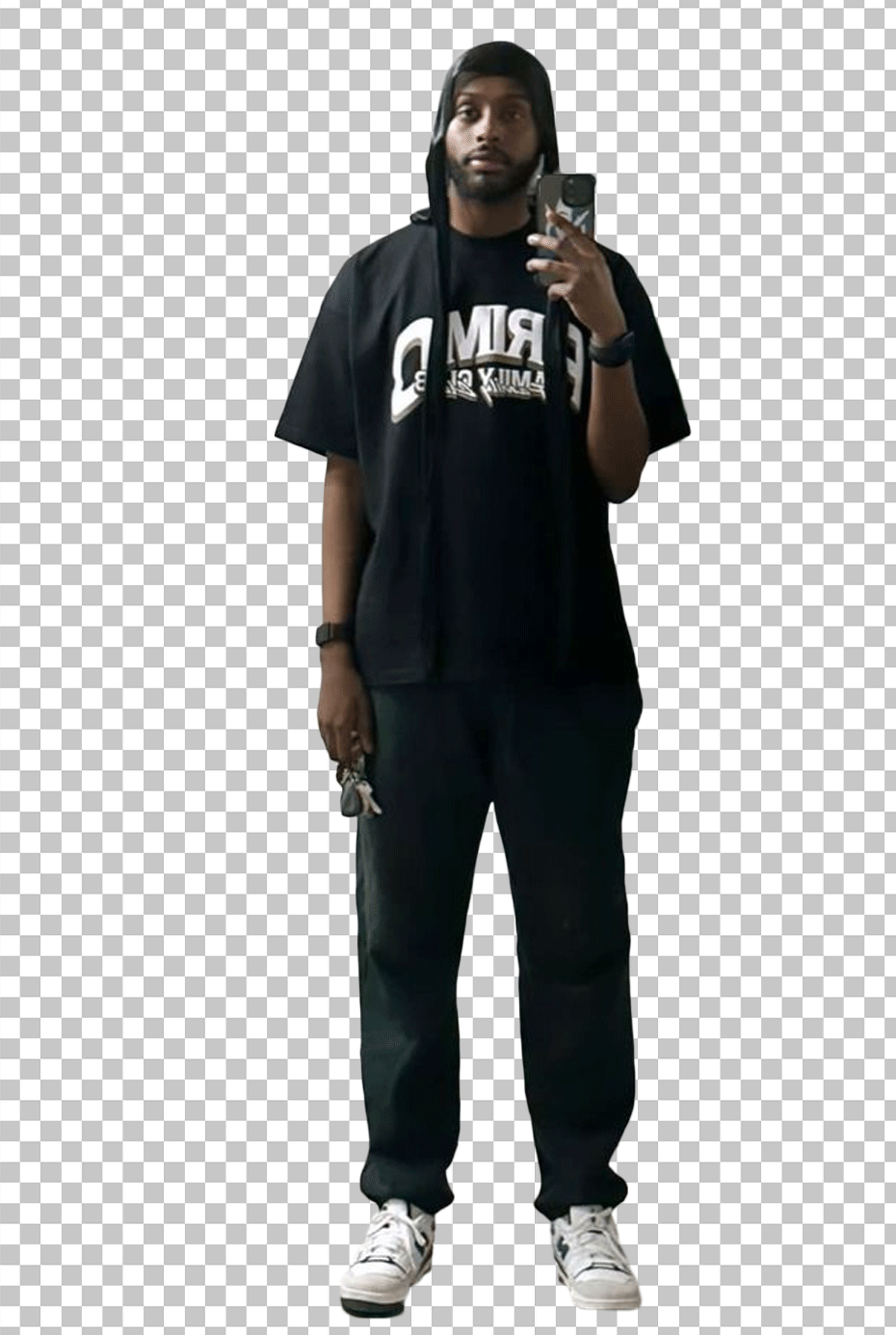 Sharky is taking selfie and wearing a black t-shirt and black pants, PNG Image