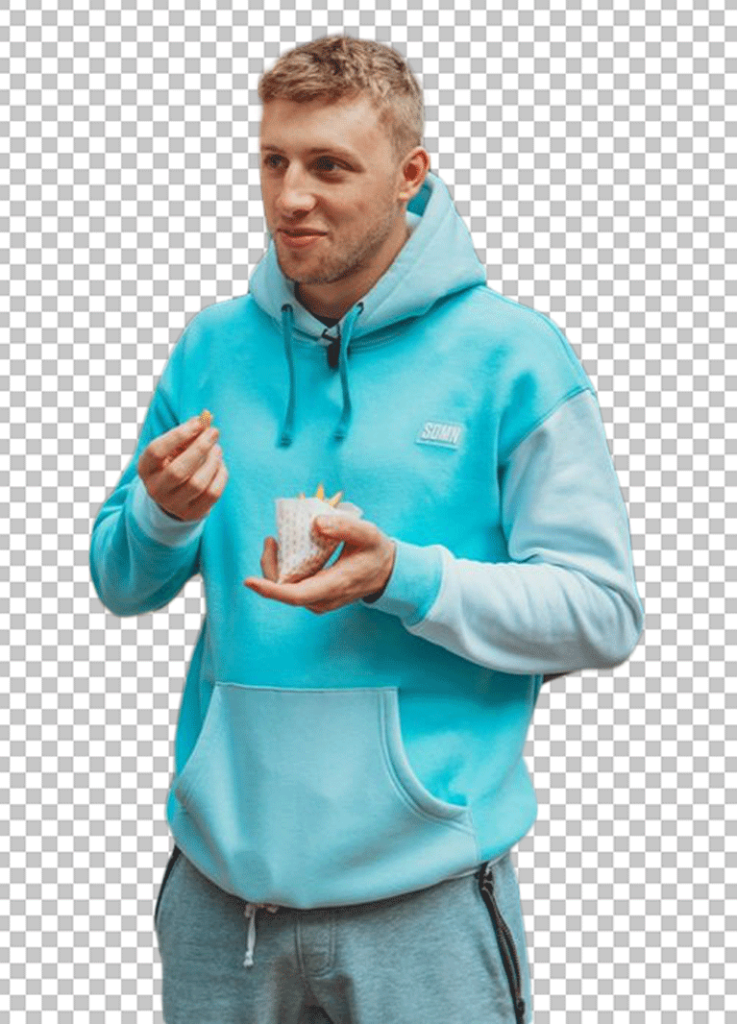 W2S is wearing a blue hoodie and eating a piece of food.