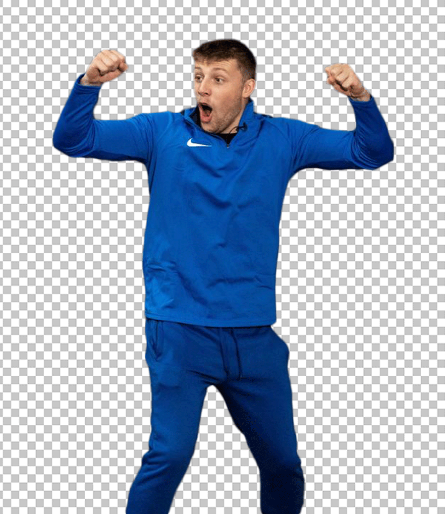 W2S is wearing a blue tracksuit and excited PNG Image