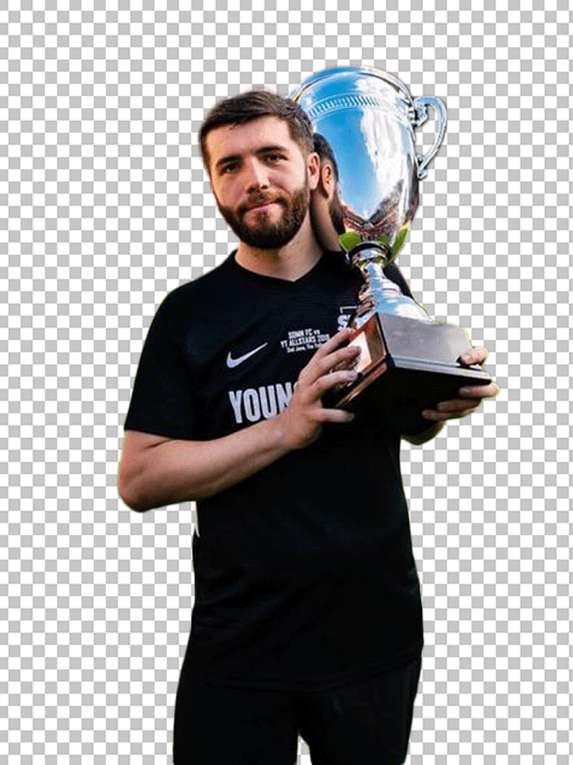 Josh Zerker is wearing black t-shirt and holding a trophy PNG Image.
