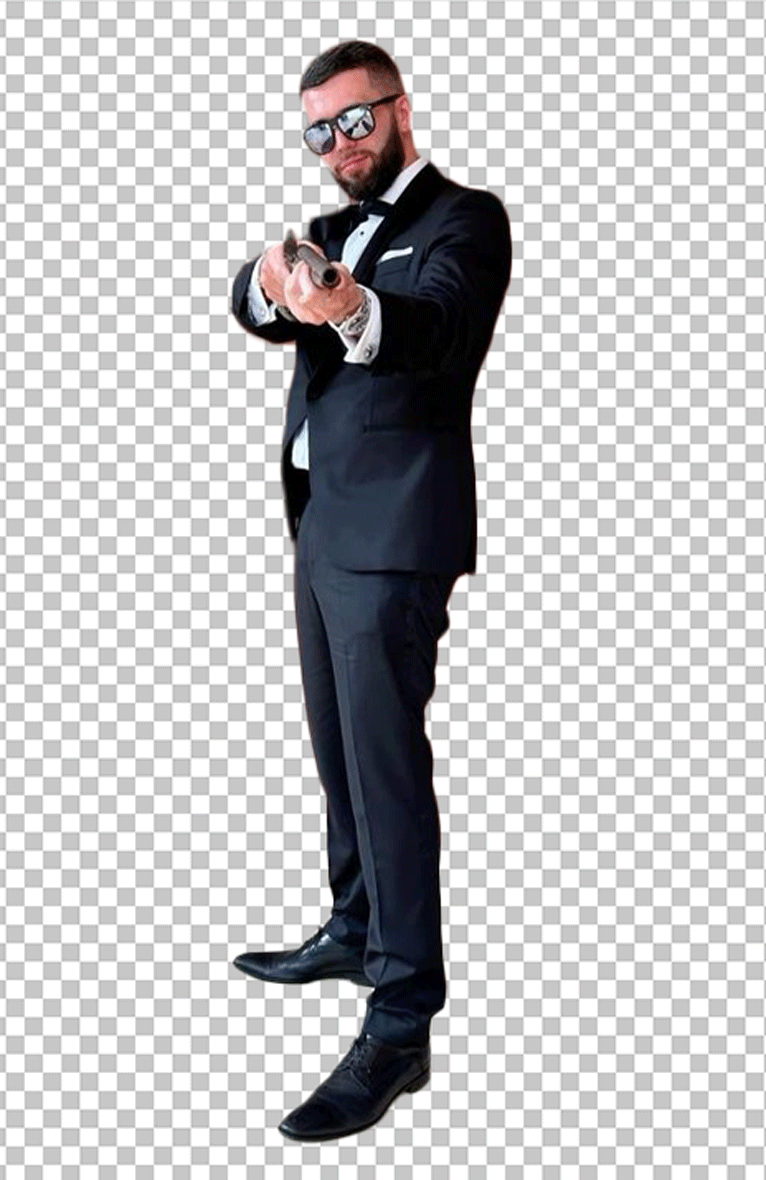 Josh Zerker is wearing suit and holding a gun PNG Image
