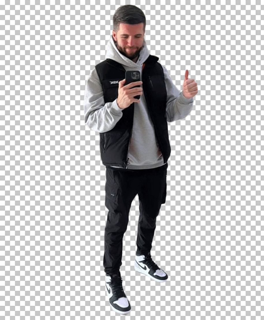 Josh Zerker is holding a smartphone and giving thumbs up PNG Image