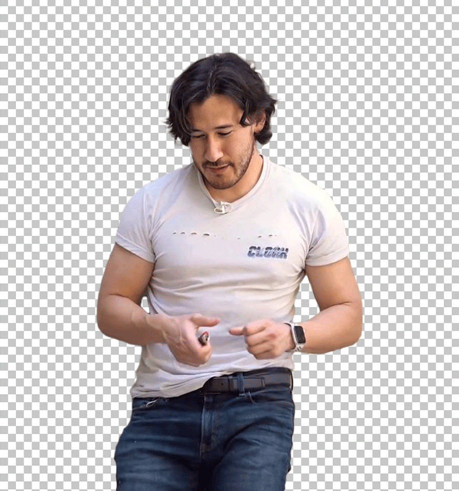 Markiplier is wearing a white t-shirt and jeans, looking down.