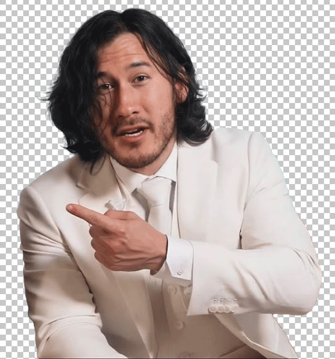 Markiplier in a white suit and tie, pointing at something with his hand.